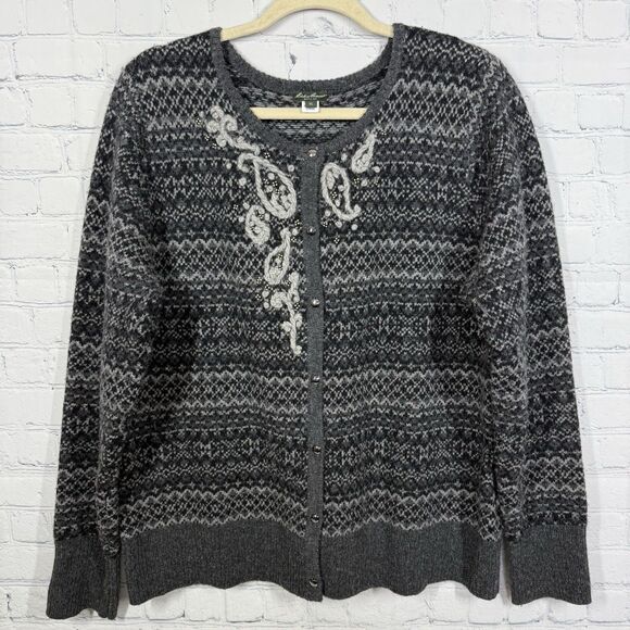 Eddie Bauer Sweaters - Eddie Bauer Cardigan Women XL Gray Plaid Strip Wool Cashemere Blend Prairie